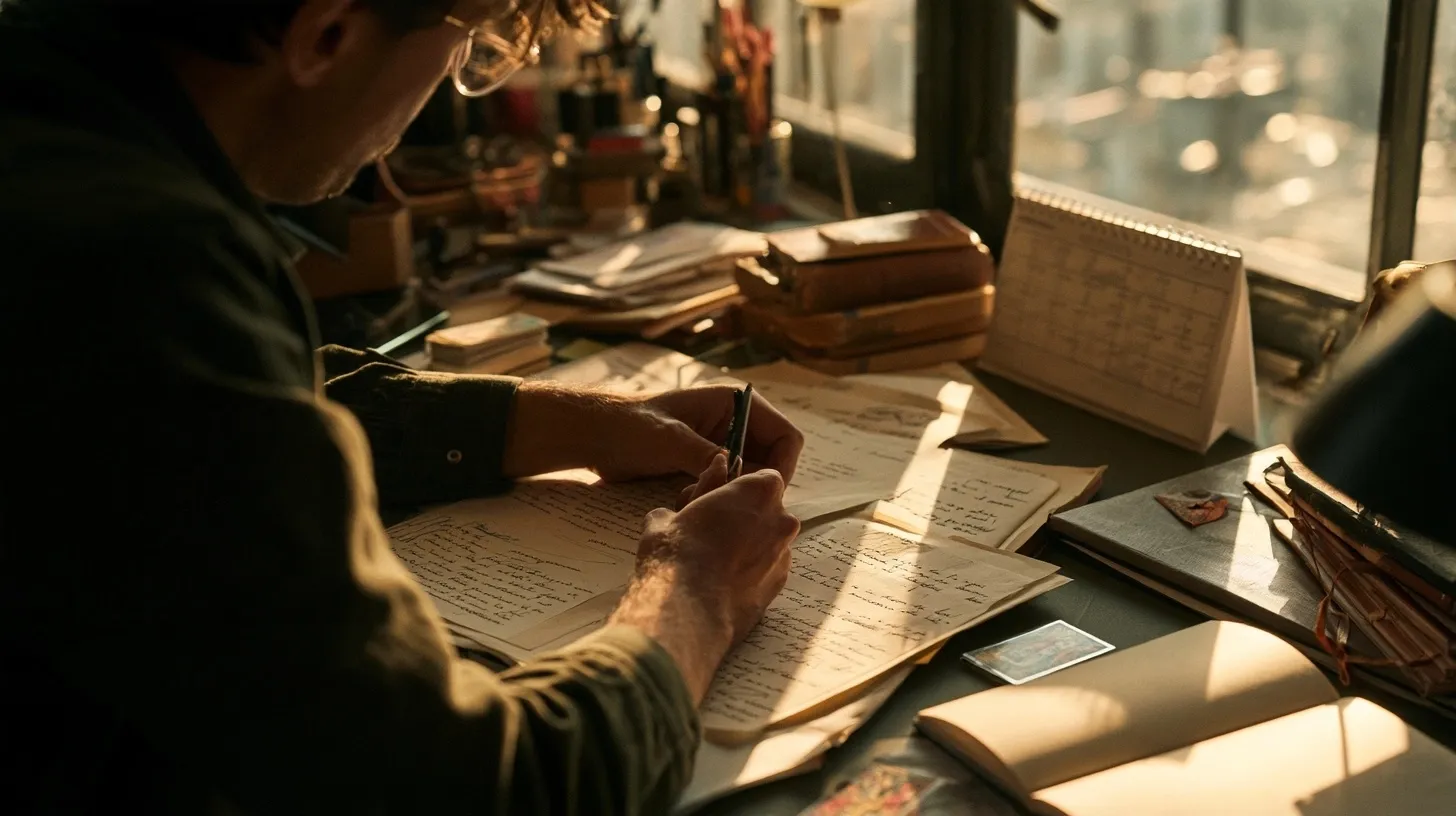 Une personne examine des notes et un agenda à son bureau, avec une carte de tarot discrète, pour illustrer une réorganisation professionnelle.