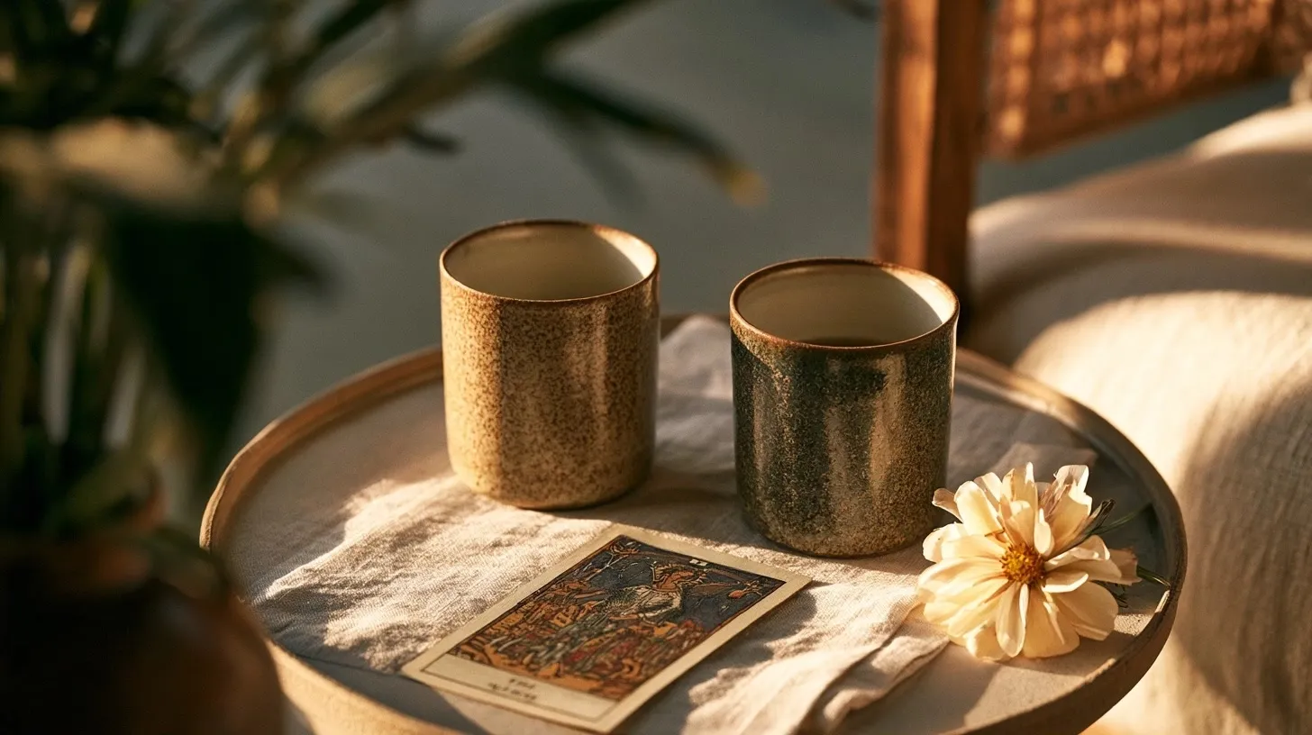 Deux tasses près de cartes de tarot sur une table intime et lumineuse