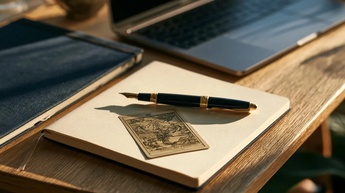 Carnet, ordinateur fermé et carte de tarot sur un bureau soigné