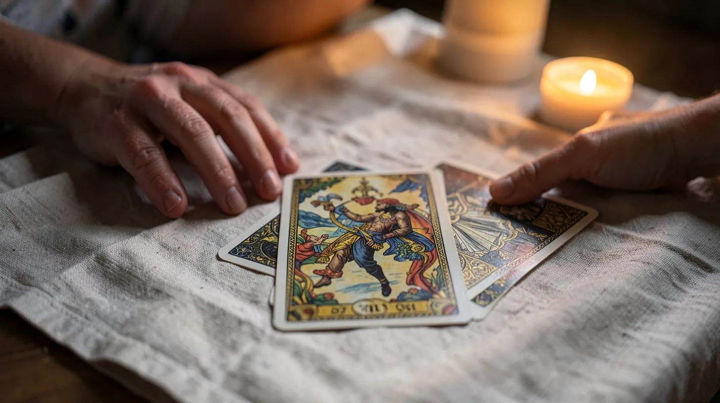 Trois cartes de tarot posées face cachée pour une lecture amoureuse