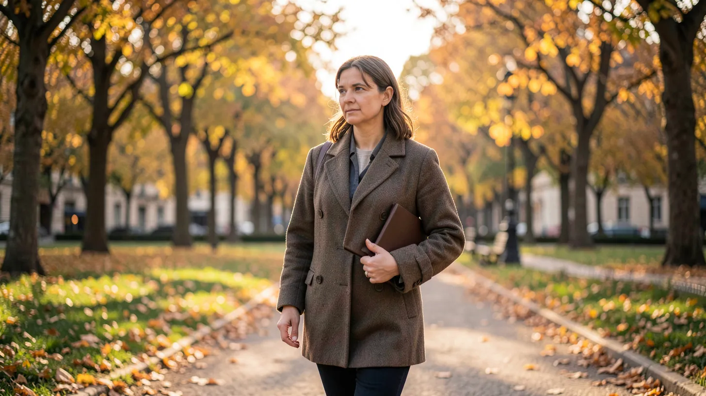Femme marchant seule dans un parc d’automne avec un carnet sous le bras