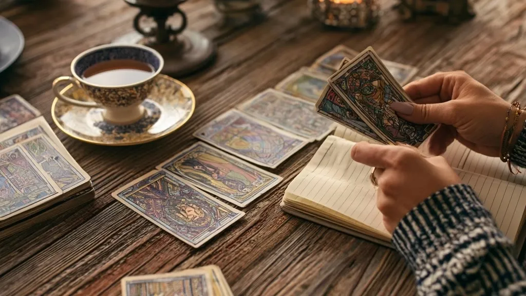 mains préparant un tirage tarot amour avec carnet et bougie