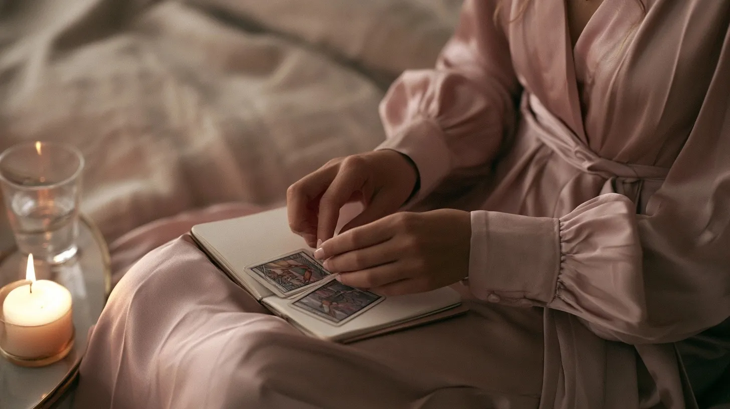 Mains mélangeant un jeu de tarot avec carnet et bougie avant un tirage amoureux