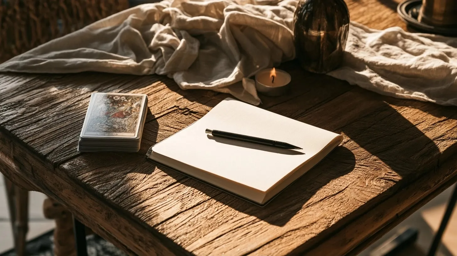 Jeu de tarot, carnet et bougie sur une table apaisante