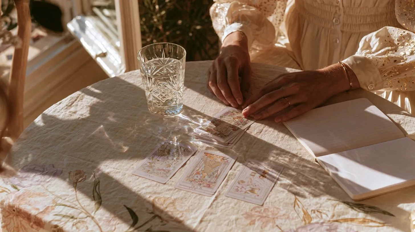 Espace calme avec jeu de tarot, verre d’eau et carnet sans texte lisible