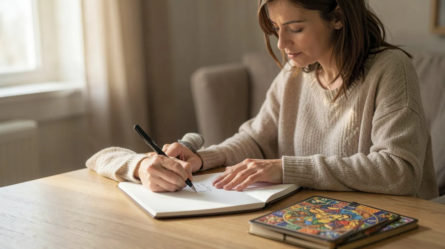 Mains écrivant une question ouverte dans un carnet près de cartes de tarot
