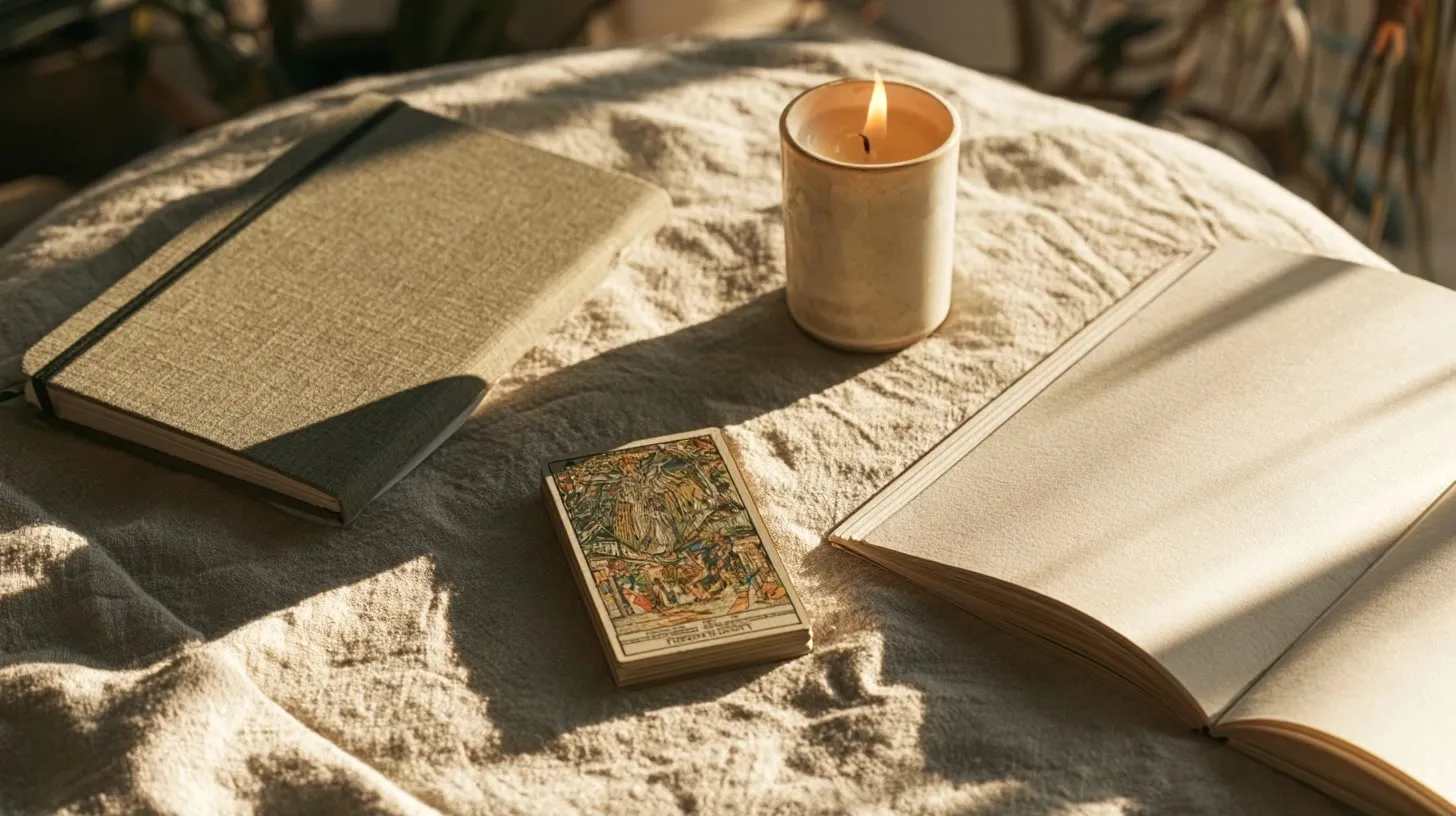 Jeu de tarot, carnet et bougie dans une ambiance sereine