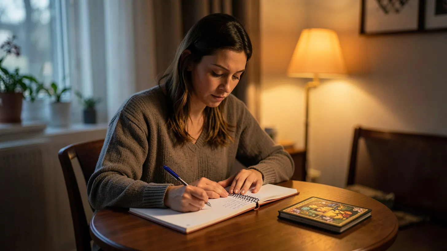 Femme écrivant une question dans un carnet près d’un jeu de tarot