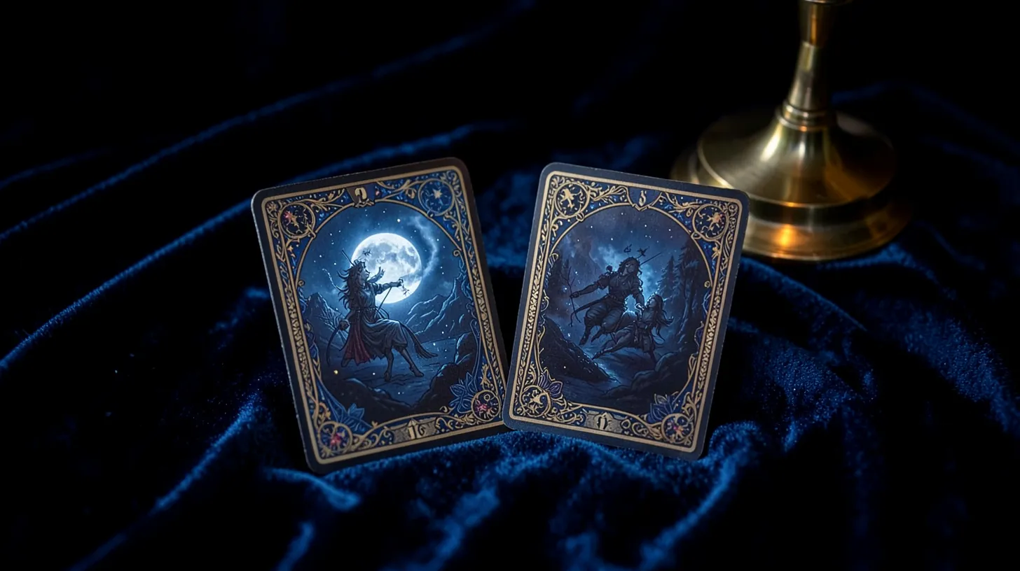 Cartes de tarot Le Jugement et La Lune posées dans une ambiance nocturne élégante