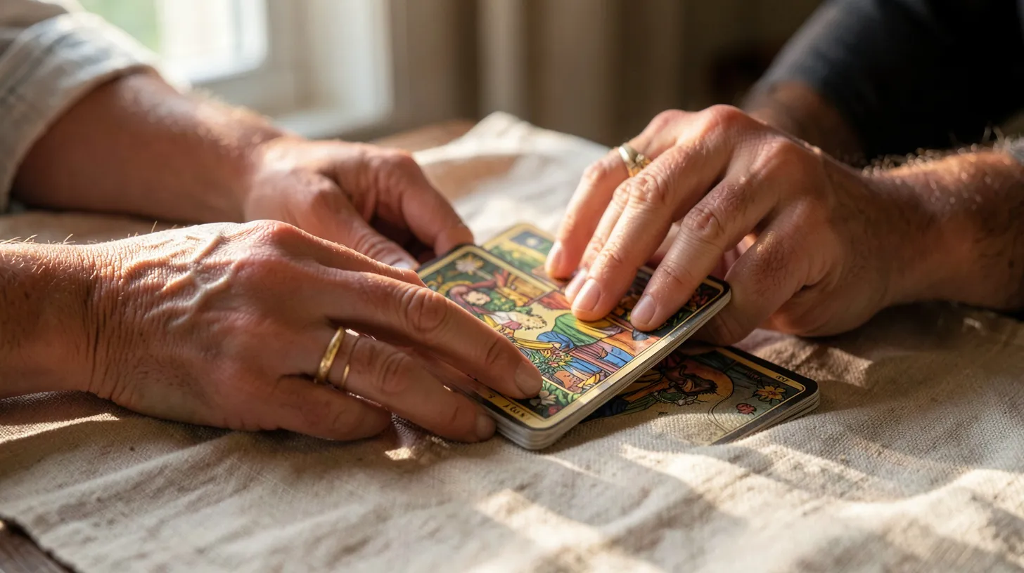 Mains mélangeant un jeu de tarot sur un tissu beige dans une lumière de fin d’après-midi