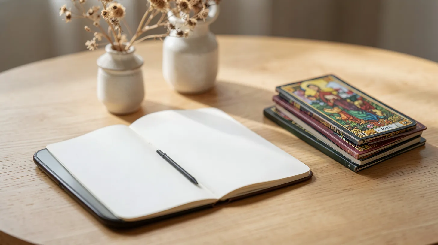 Téléphone, carnet et jeu de tarot posés sur une table claire dans une atmosphère apaisée