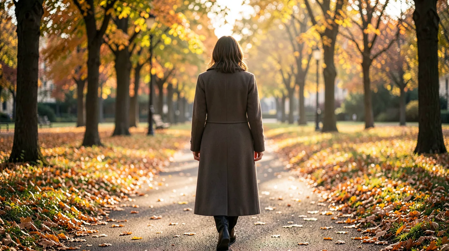 Femme marchant seule dans un parc à la lumière douce du matin après une réflexion personnelle
