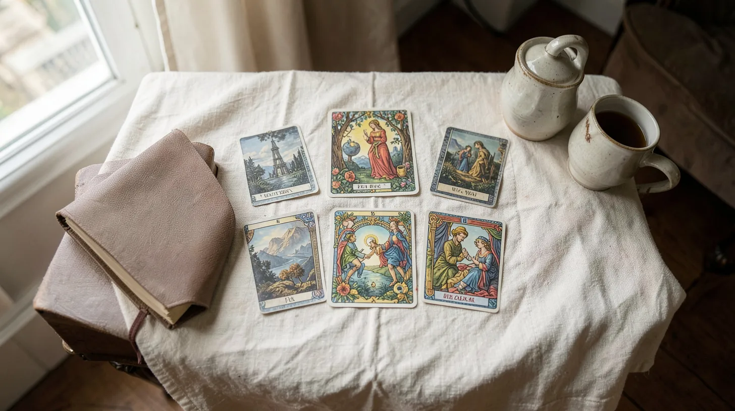 Disposition soignée de six cartes de tarot avec un carnet et une tasse de thé