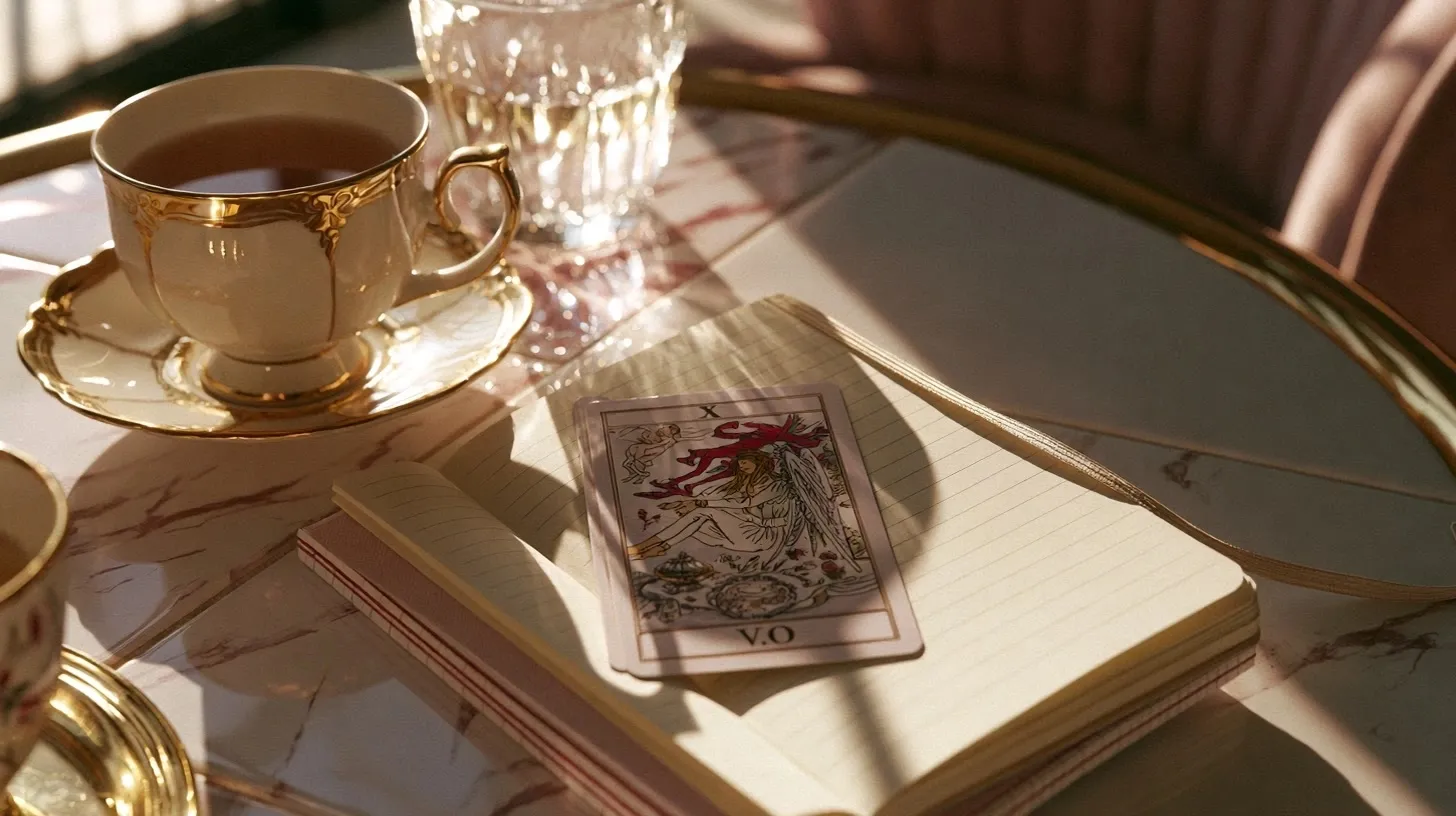 Carte de tarot repère près d’un carnet et d’une lumière de fin de journée