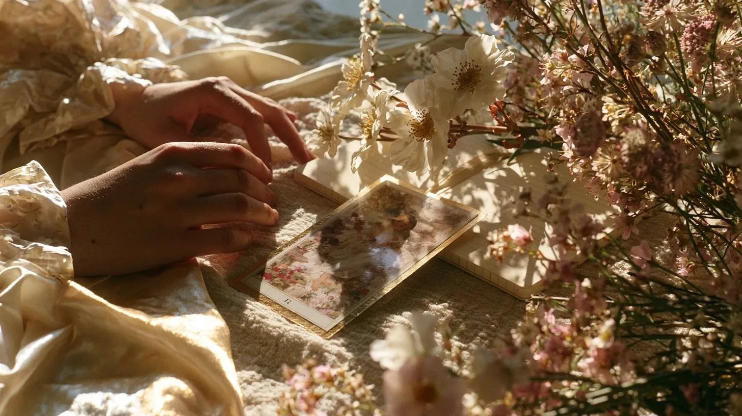 Carte de tarot soutien près d’un carnet et de fleurs fraîches