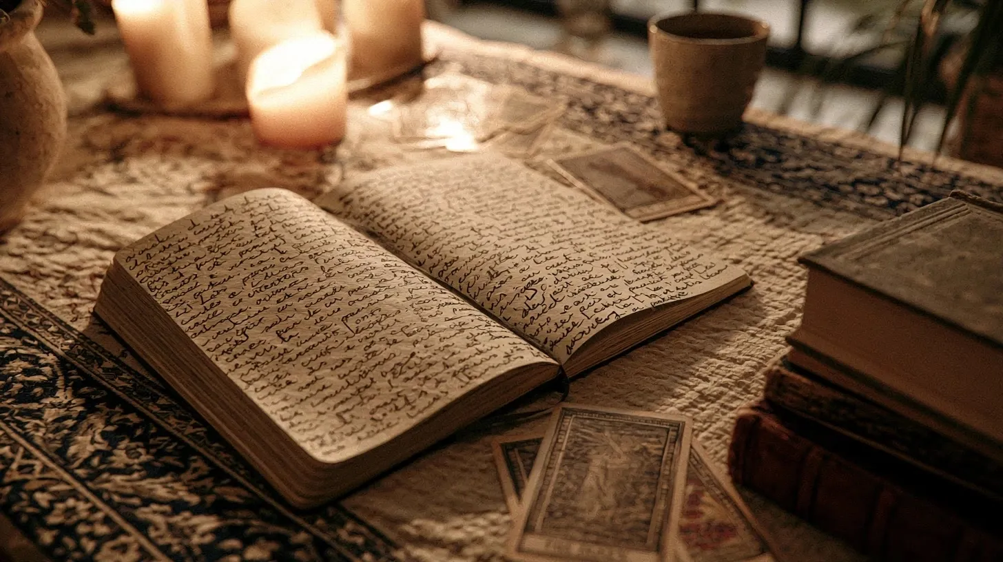 Rituel de fin de mois avec tarot, carnet ouvert et bougie dans une lumière douce
