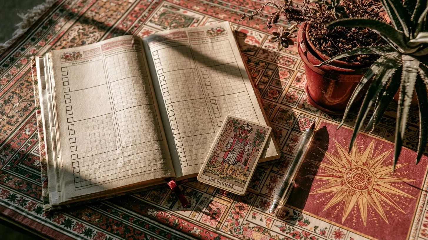 Carnet avec objectifs simples et cartes de tarot pour préparer le mois à venir
