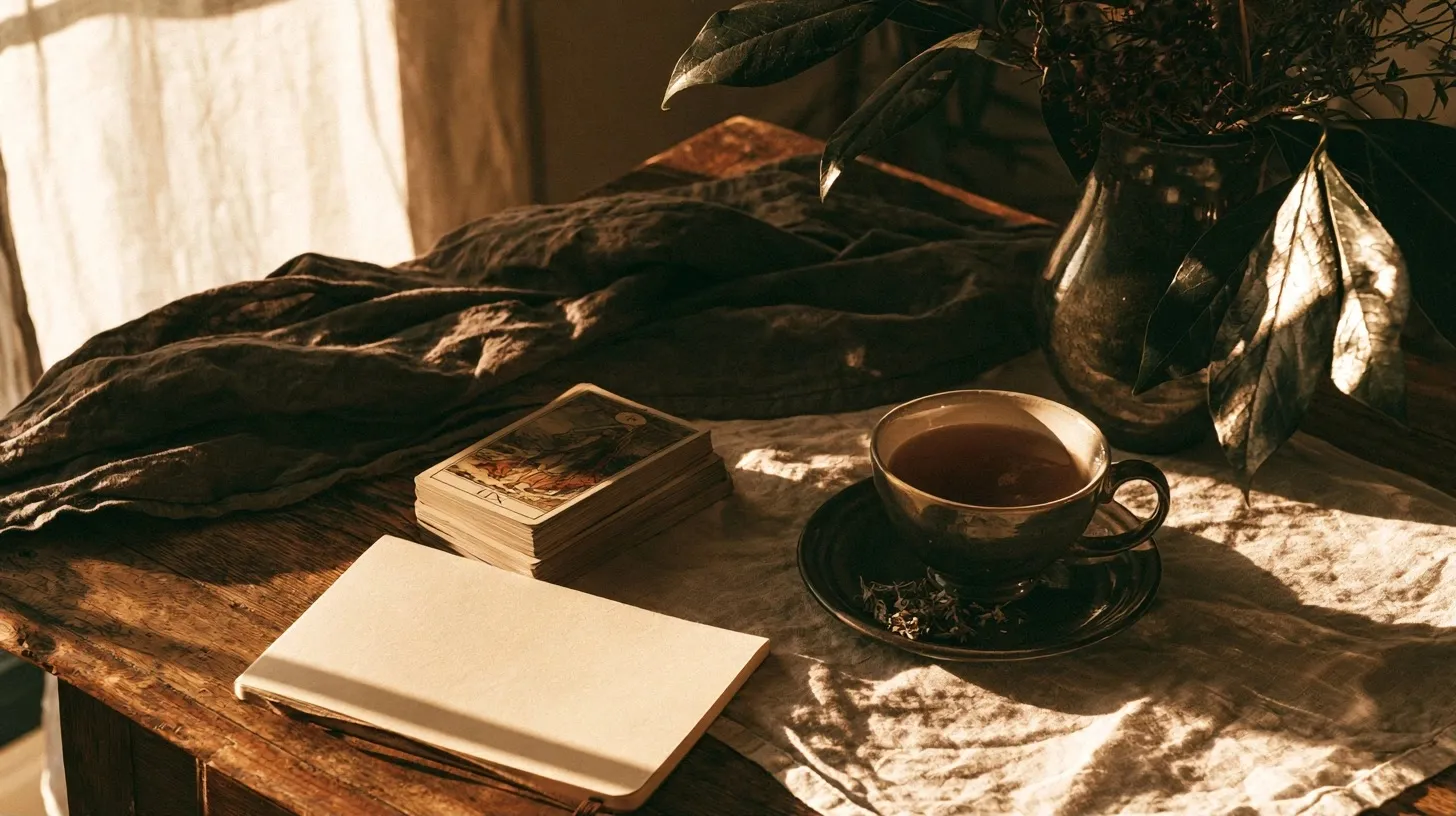 Table préparée pour un rituel de tarot de fin de mois avec cartes, thé et carnet