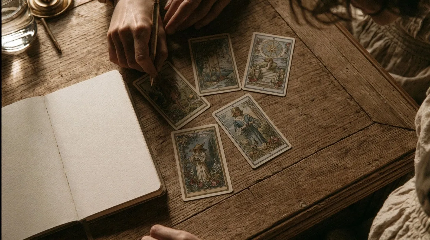 Disposition de six cartes de tarot sur un carnet pour un bilan de fin de mois