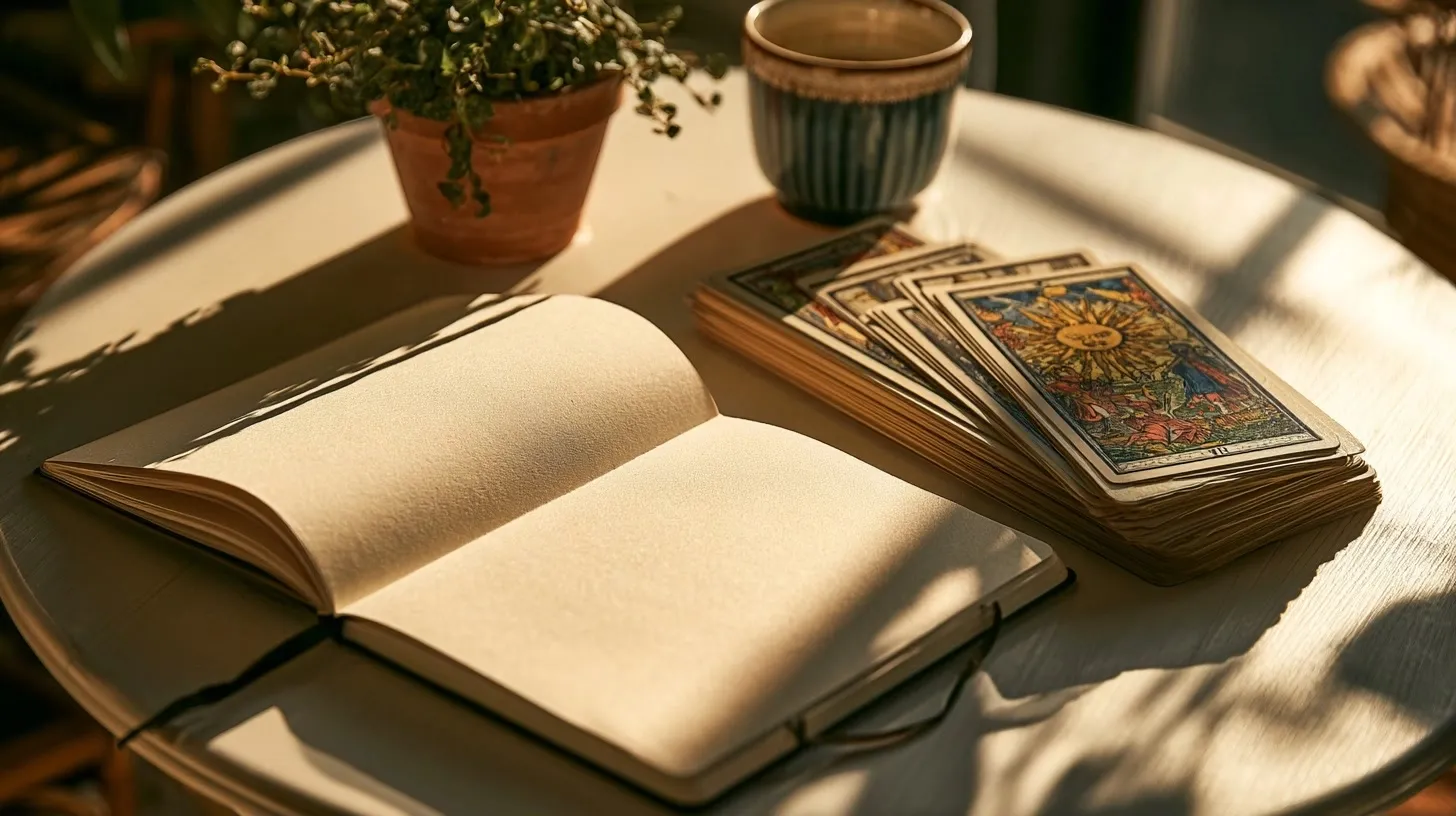 Carnet et cartes de tarot près d’une plante et d’une lumière du matin