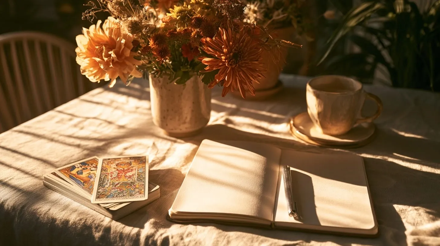 Jeu de tarot, carnet et fleurs saisonnières