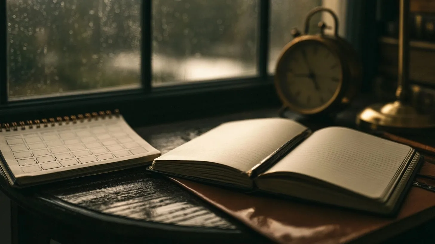 Carnet, horloge et lumière de pluie pour évoquer un rythme à ajuster