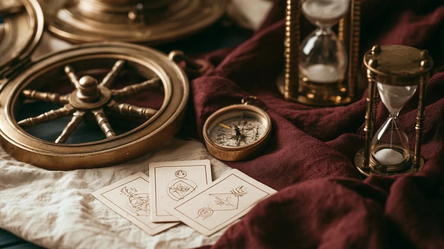 Roue, boussole et sablier pour illustrer les symboles de la Roue de Fortune