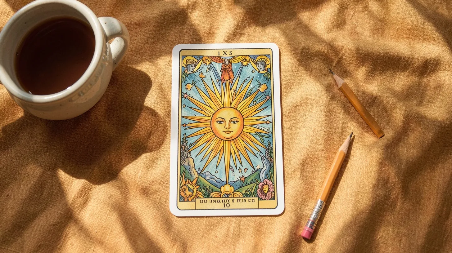 Tirage de tarot lumineux sur un tissu ocre avec une tasse de thé