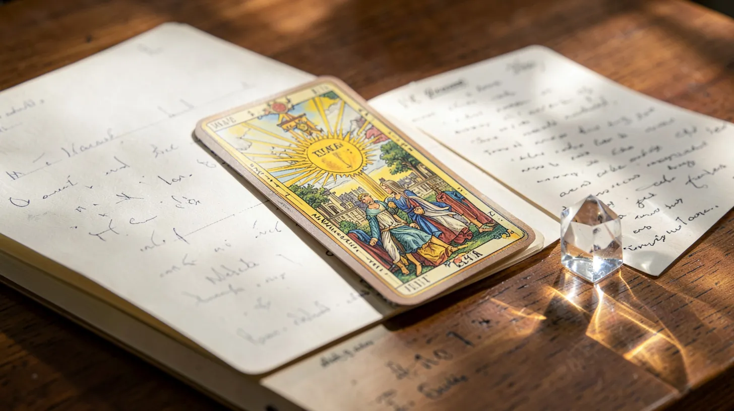 Détail d’un tarot de Marseille avec une carte solaire et des carnets ouverts