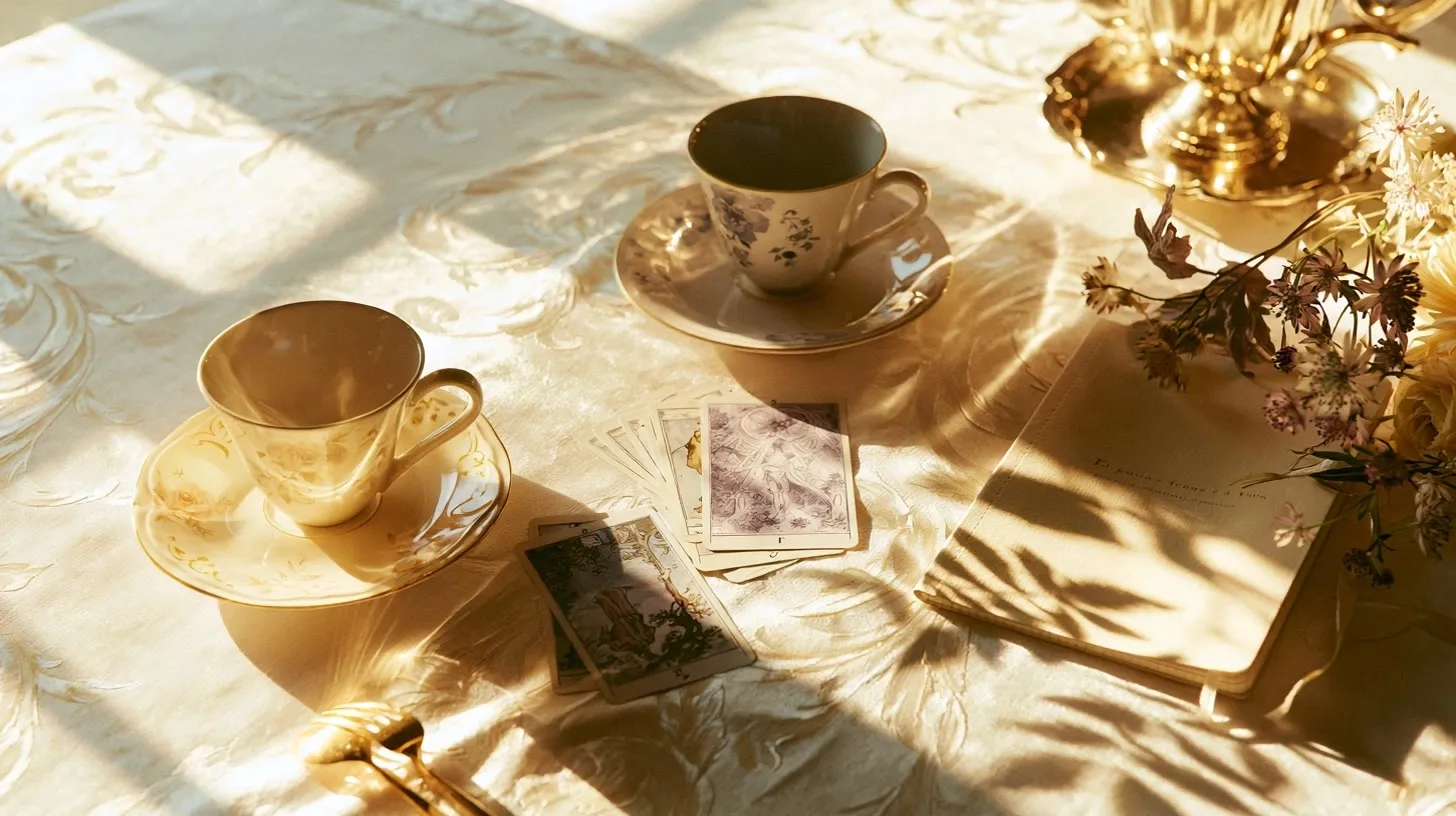 Deux tasses, cartes de tarot et carnet sur une table estivale
