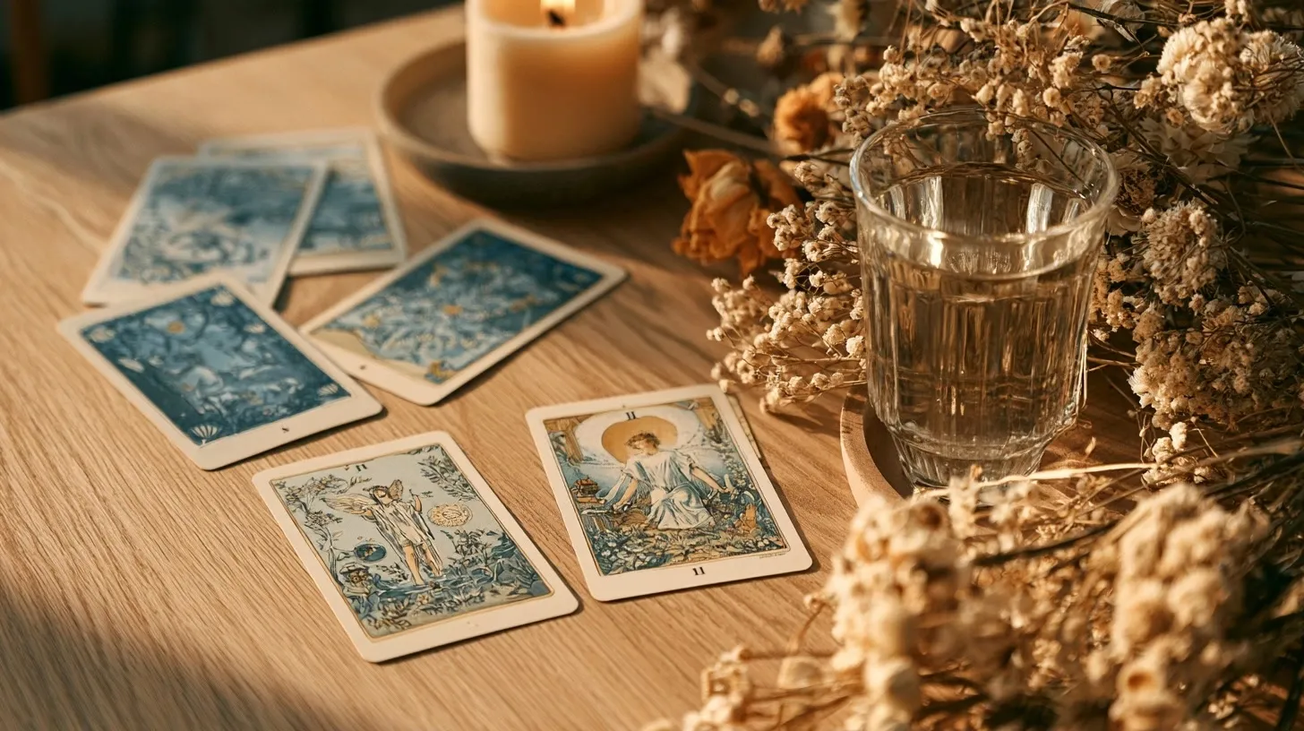 Cartes de tarot disposées avec soin sur une table en bois clair