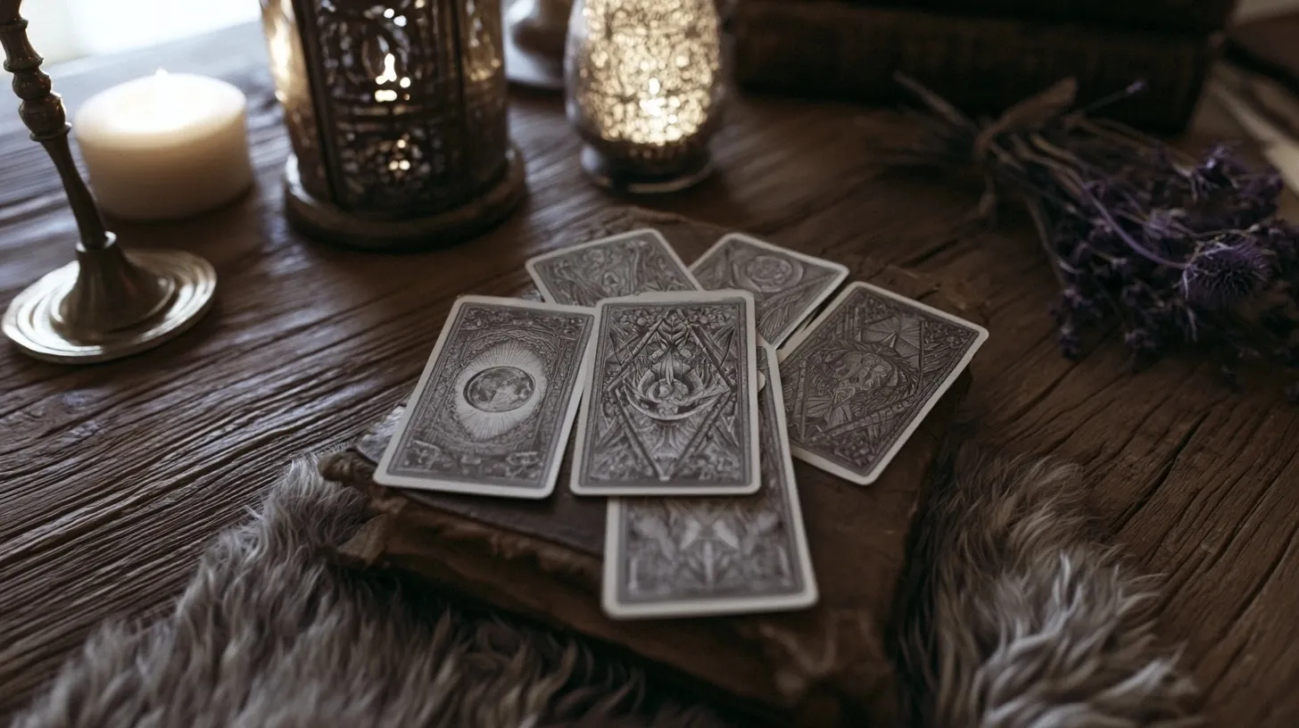 Cinq cartes de tarot disposées pour lire une dynamique relationnelle