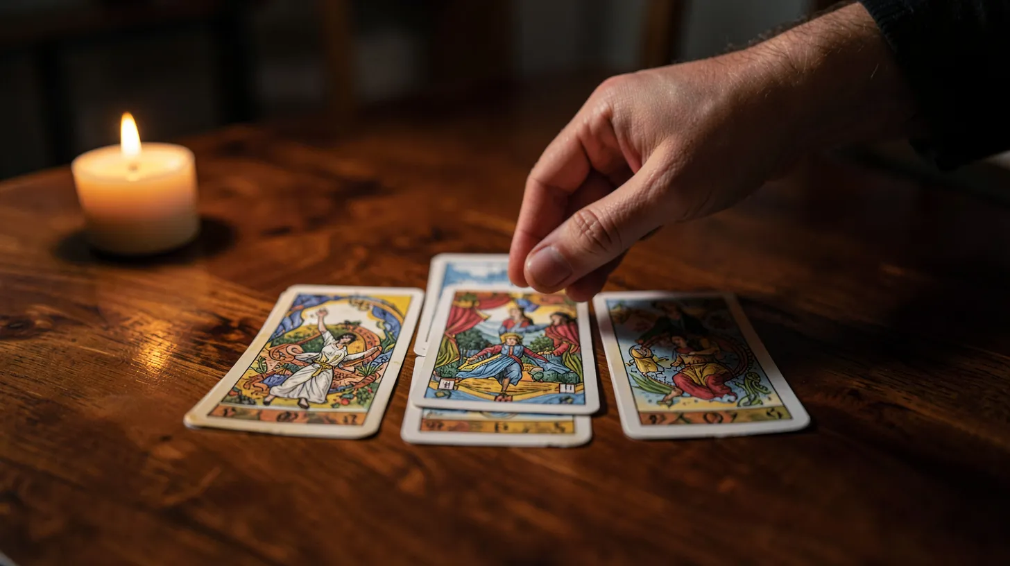 Tirage de cinq cartes de tarot sur une table en bois