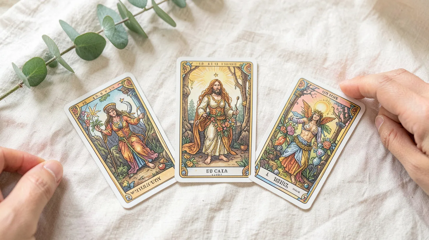 Cinq cartes de tarot disposées en arc sur une table claire