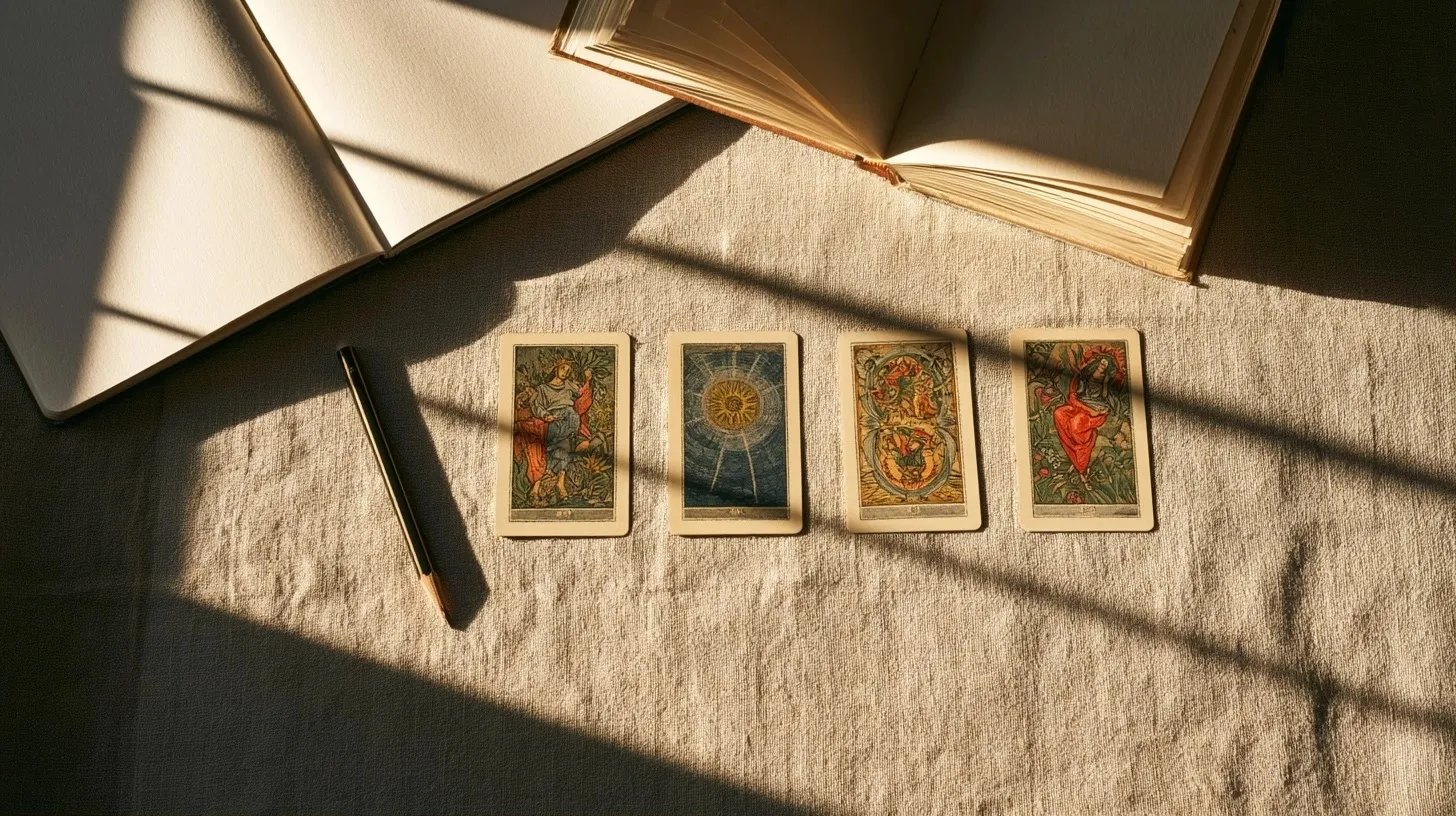 Cinq cartes de tarot disposées en ligne sur un linge clair avec un carnet