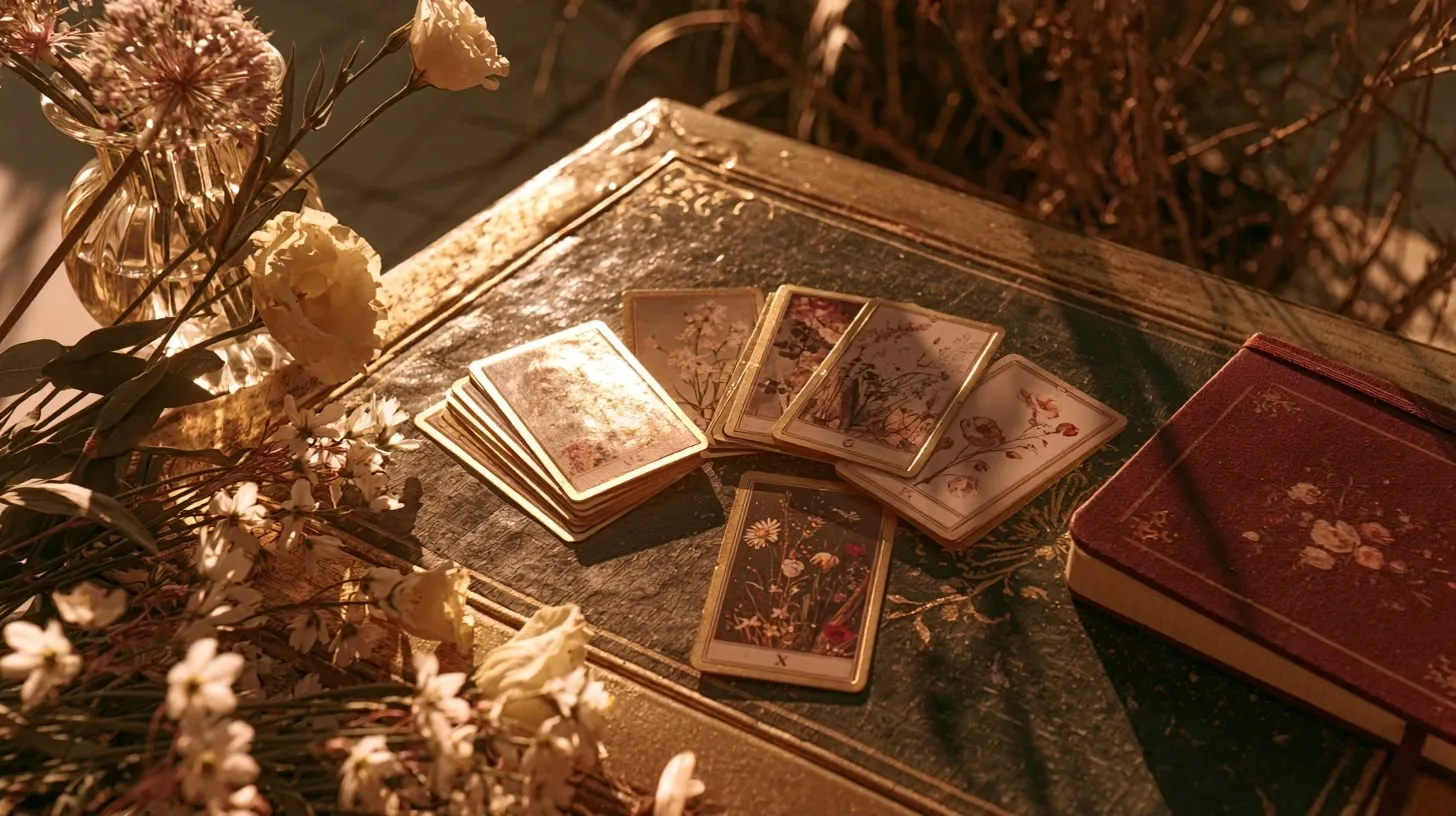 Tirage de tarot en sept cartes disposées avec fleurs printanières