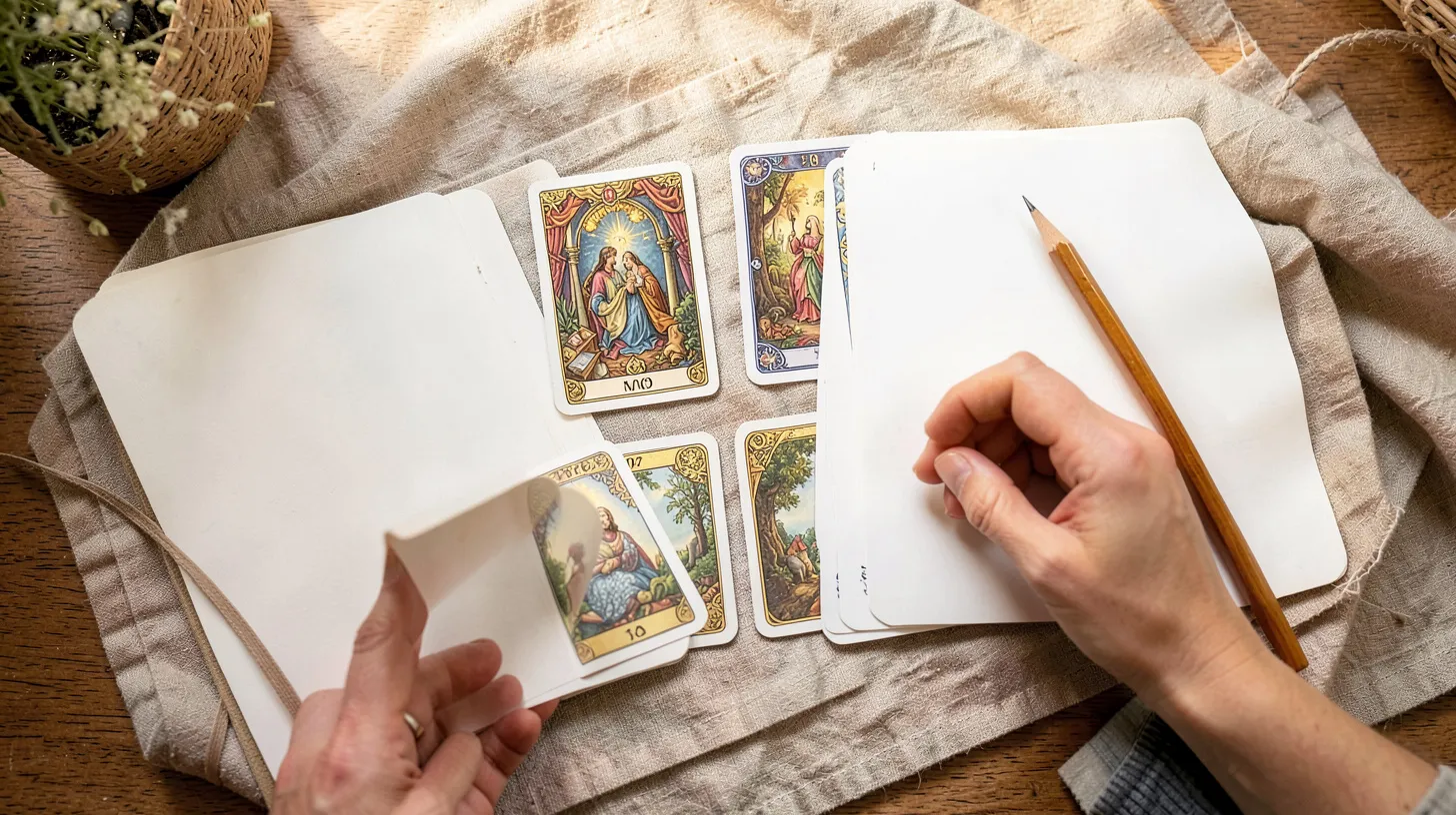Quatre cartes de tarot disposées avec un carnet ouvert et un crayon