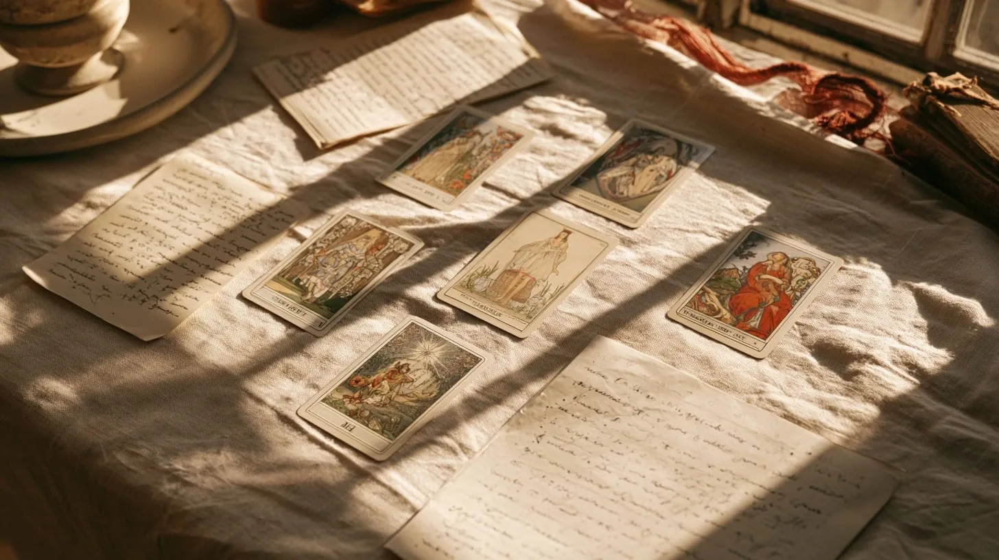Sept cartes de tarot disposées avec un carnet de notes