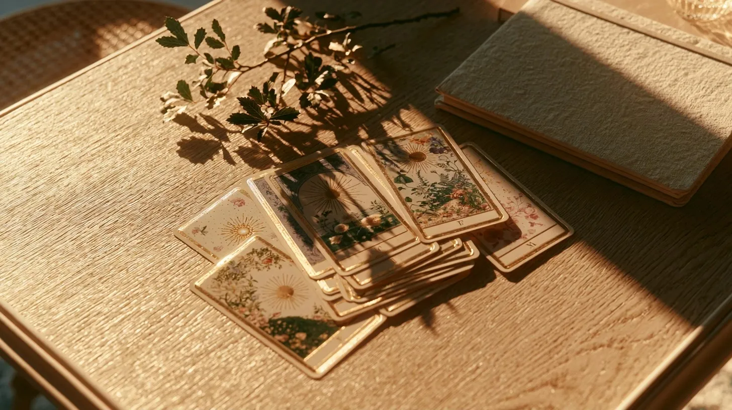 Sept cartes disposées en arc sur une table en bois clair